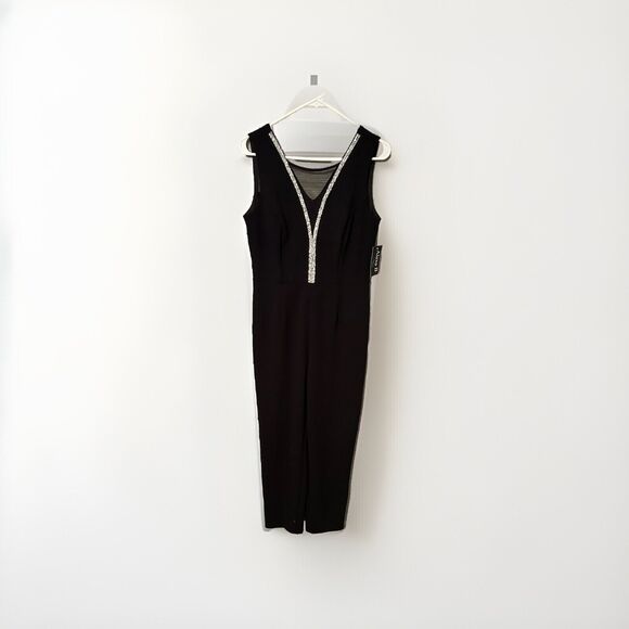 ALEXA B‎ Nite Women’s Jumpsuit Sz 8 Sleeveless V Neck Jeweled Sequin Mesh Black - Picture 1 of 7